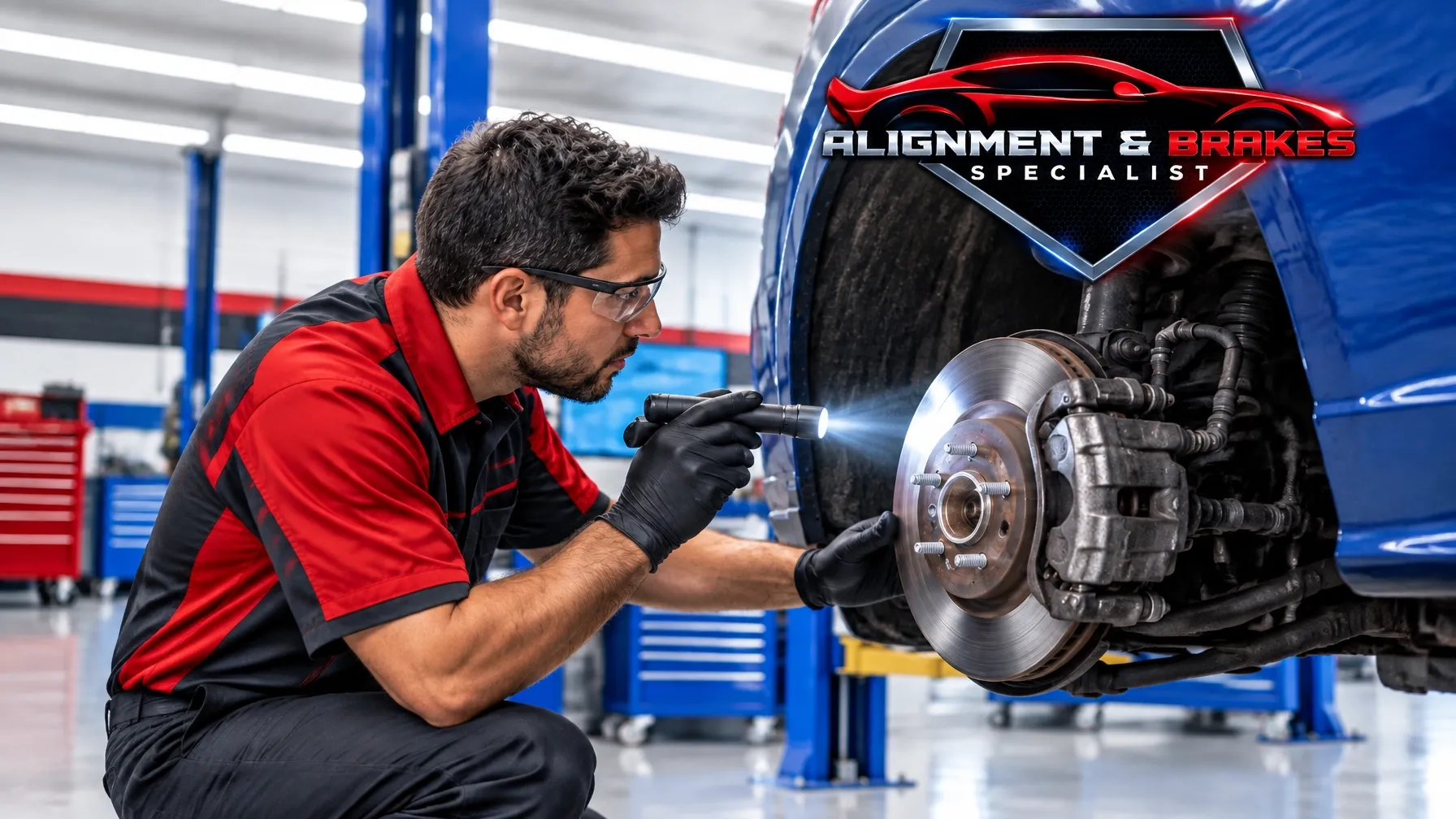 Mechanic in a red-and-black uniform inspecting a brake rotor and caliper with a flashlight
