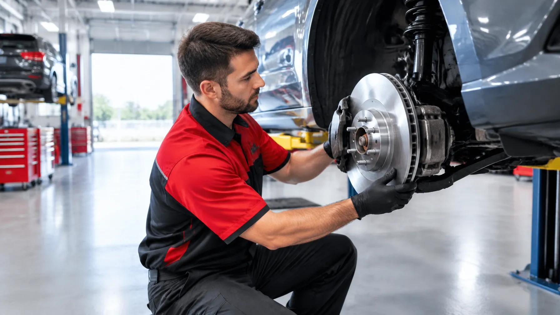 A careful brake rotor and caliper installation in the shop