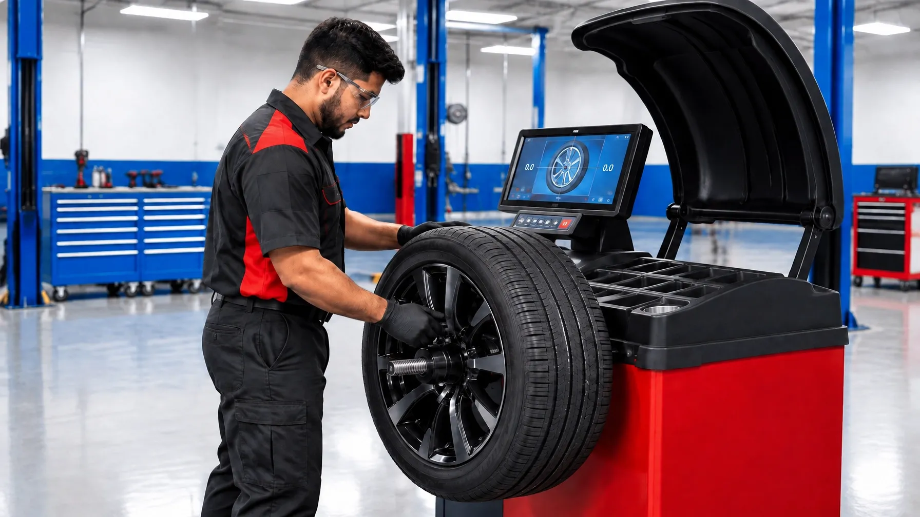 Mechanic in Alignment & Brakes Specialist uniform mounting and balancing a tire
